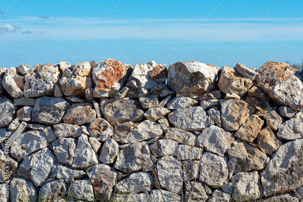 Close Up of a Traditional Drywall (Stone Wall Made without Mortar) in Apulia Close Up of a Traditional Drywall (Stone Wall Made without Mortar) in Apulia