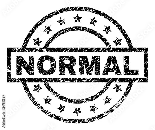 NORMAL stamp seal watermark with distress style. Designed with rectangle, circles and stars. Black vector rubber print of NORMAL tag with grunge texture.