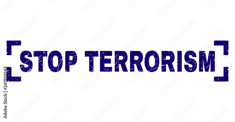 STOP TERRORISM tag seal imprint with grunge style. Text tag is placed inside corners. Blue vector rubber print of STOP TERRORISM with grunge texture.