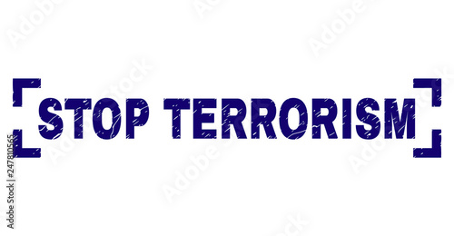 STOP TERRORISM tag seal imprint with grunge style. Text tag is placed inside corners. Blue vector rubber print of STOP TERRORISM with grunge texture.