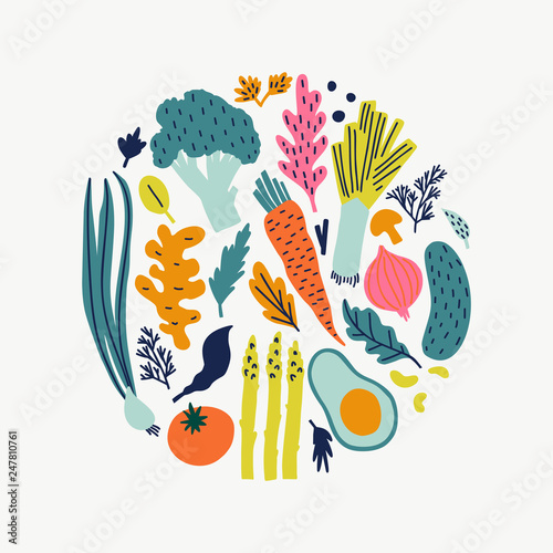 Vector food set for your design. Cute doodle illustration with vegetables isolated on white background on white background. 