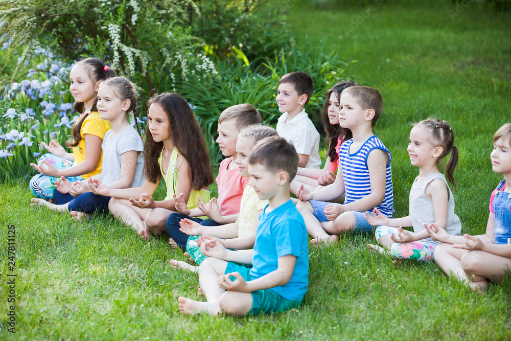 A large group of children engaged in yoga in the Park sitting on the grass. A large group of children engaged in yoga in the Park sitting on the grass.