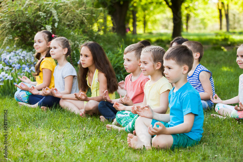 A large group of children engaged in yoga in the Park sitting on the grass.
