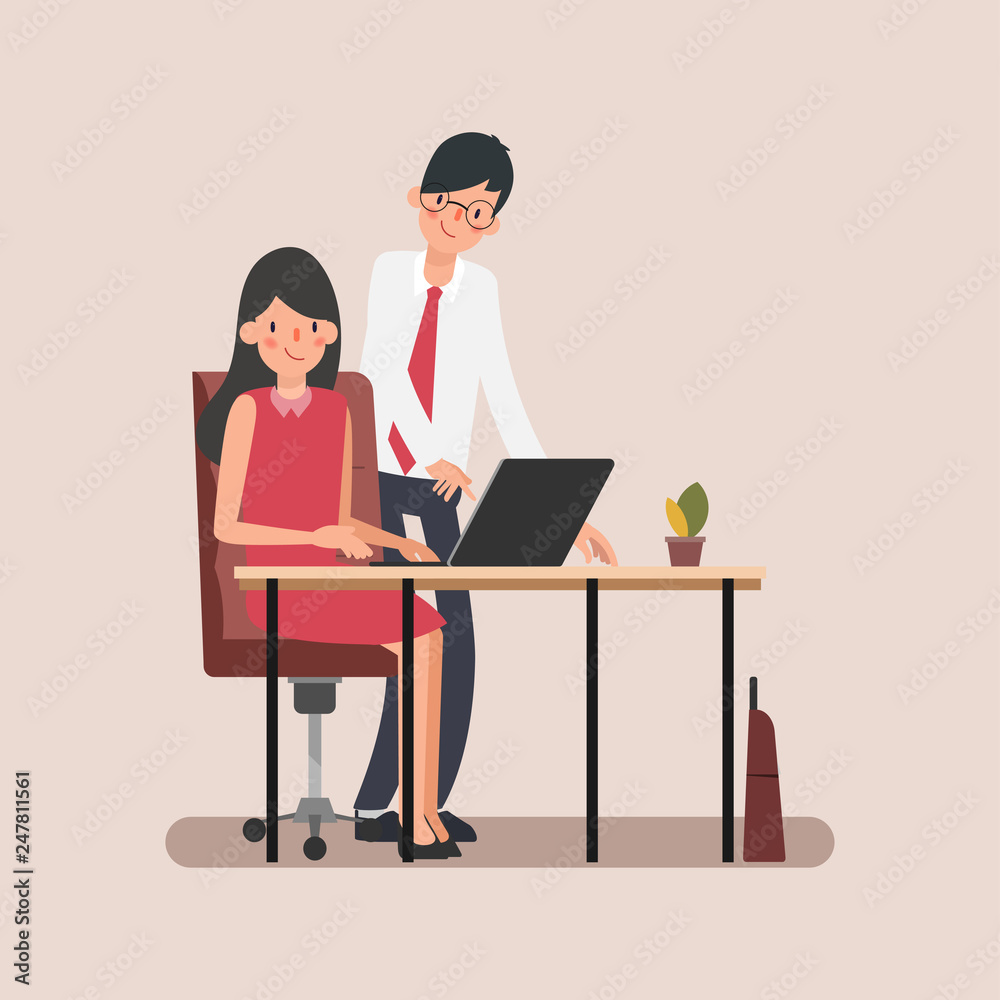 Business people co working character. Animation scene businessman assign job to businesswoman. Animation scene for motion graphic. Business people co working character. Animation scene businessman assign job to businesswoman. Animation scene for motion graphic.