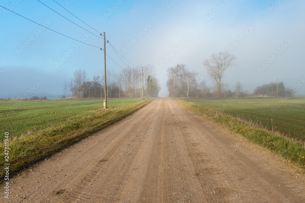 Fototapeta premium empty country gravel road with mud puddles and bumps