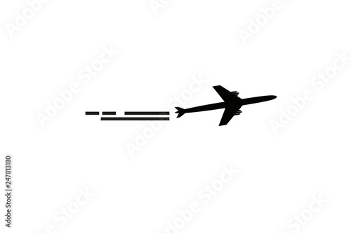 The plane flies and speed lines. Tourism and travel. The waypoint is intended for a tourist trip. and his track on a white background. Vector illustration