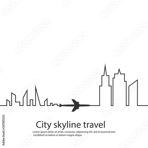Airplane between the two cities and its track and skyline on white background. Vector illustration. Aircraft flight path and its route. tourism. Travel
