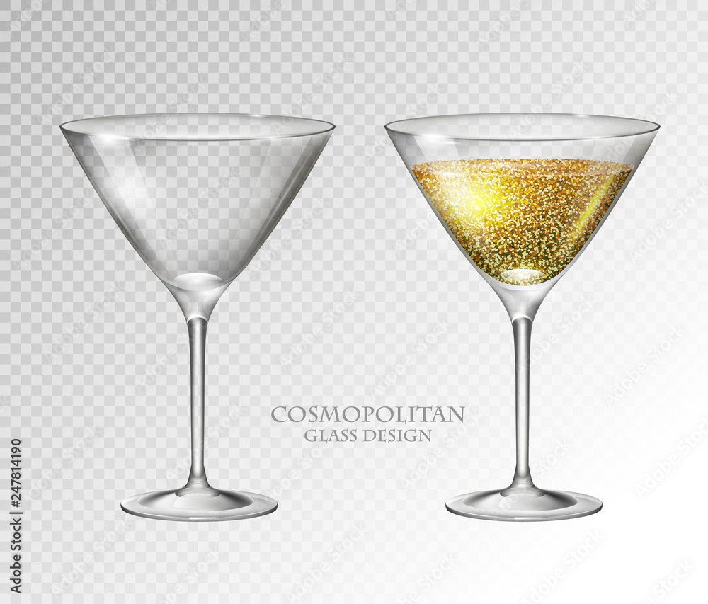 Realistic cocktail cosmopolitan vector illustration on transparent background. Full and empty glass