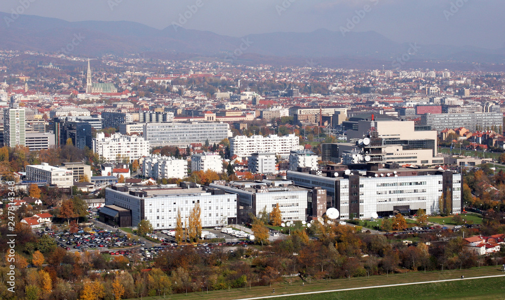 Croatian National Radio and Television Building of and the city of Zagreb in the background 