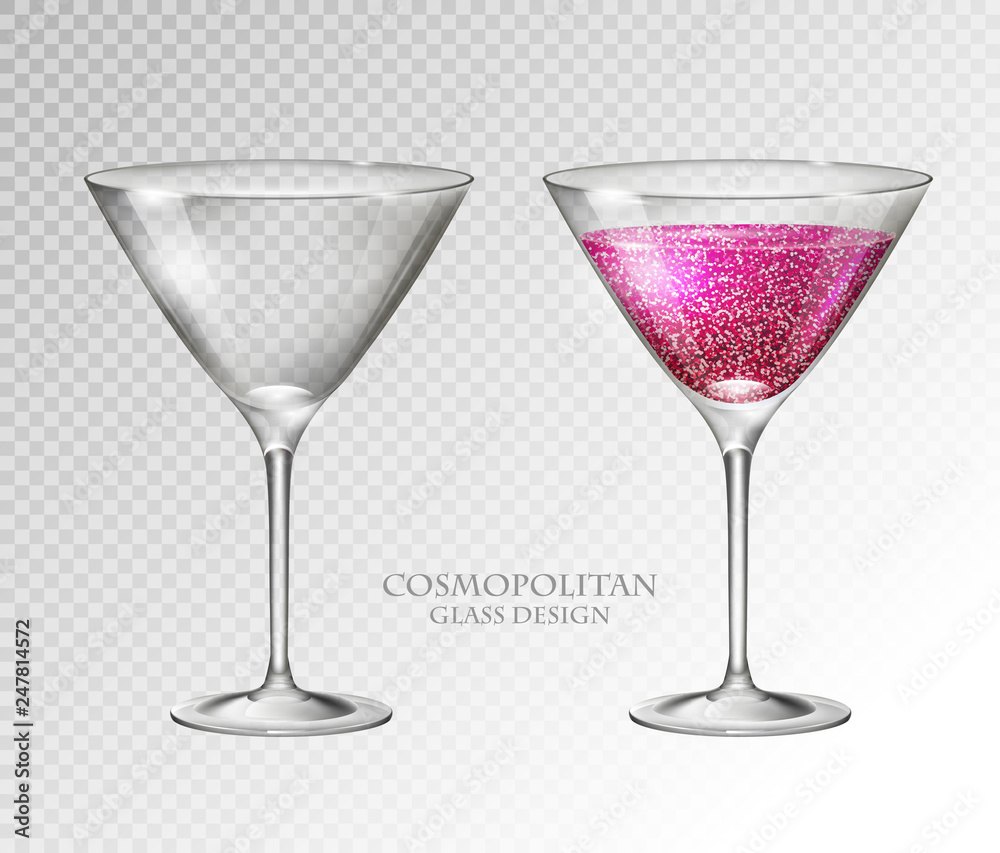 Realistic cocktail cosmopolitan vector illustration on transparent background. Full and empty glass