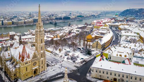 Photography Budapest, Hungary - Aerial panoramic view of the snowy Buda district with Matthi