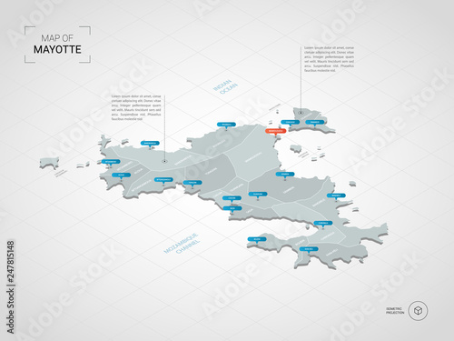 Isometric 3D Mayotte map. Stylized vector map illustration with cities, borders, capital, administrative divisions and pointer marks; gradient background with grid.