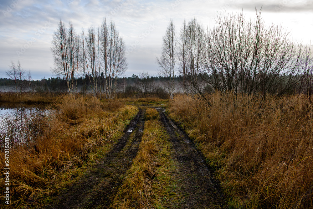 empty country gravel road with mud puddles and bumps empty country gravel road with mud puddles and bumps