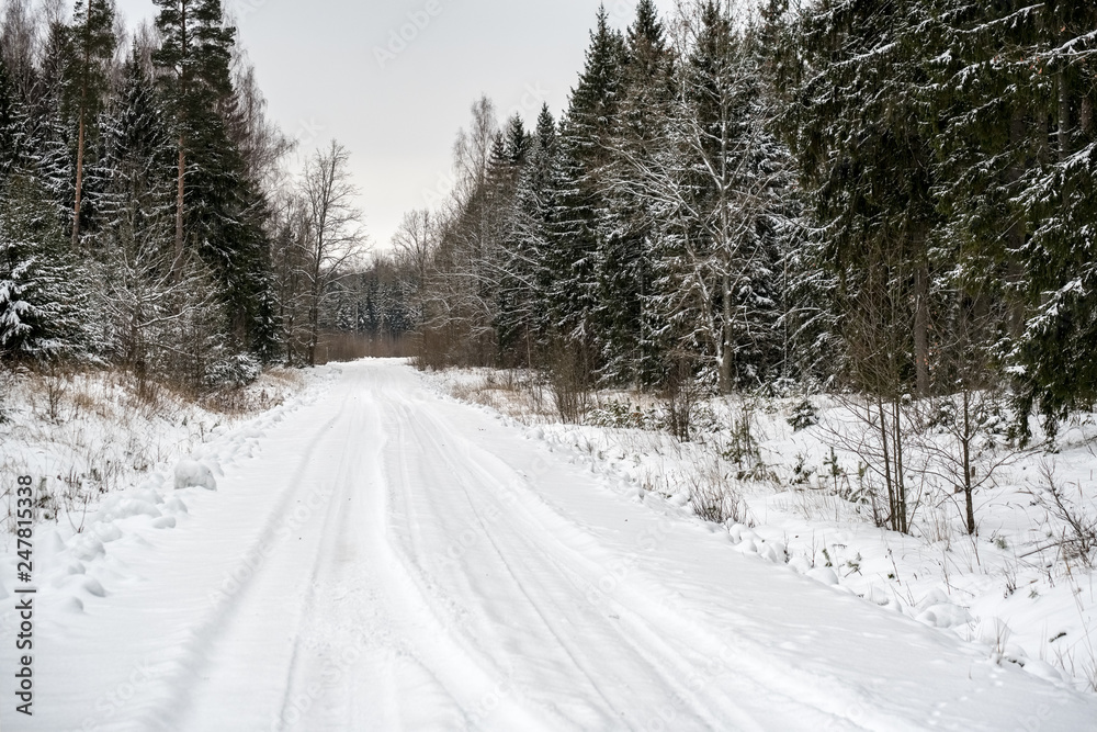 deep snow covered road in winter