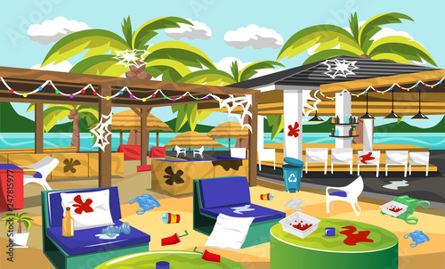 Beach Outdoor Cafe Hawaiian Style with Peanuts Tree, Ceiling Lamps, Drink Bars, Beach Chair, Green Table for Vector Cafe Design Ideas