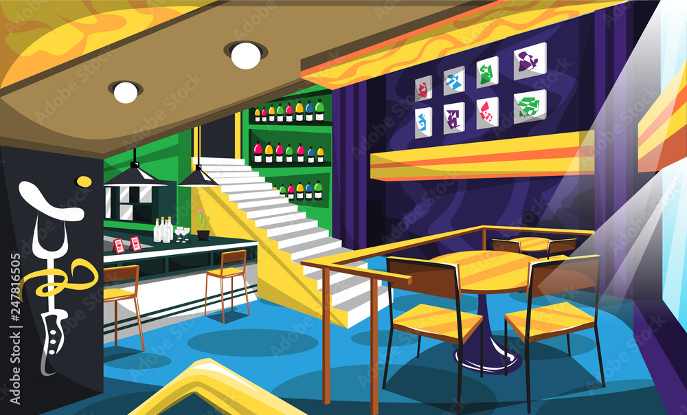 Obraz premium Clean Cozy Lounge Bars with Display Bottle, Artistic Art in the Walls, Table Chair Barm, Ceiling Lamps, Upstairs for Vector Room Ideas