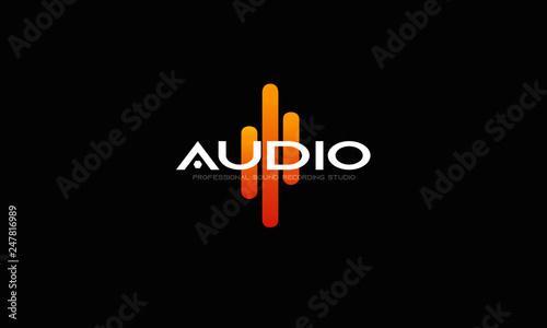 DJ Dance Party Logo, Recording Studio Emblem, Audio Wave and Light Dark Gradient Background