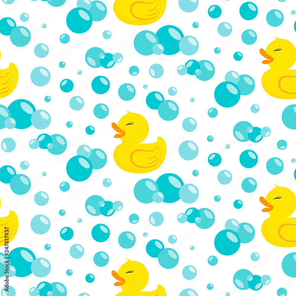 Rubber duck in soap bubbles. Seamless pattern. Rubber duck in soap bubbles. Seamless pattern.