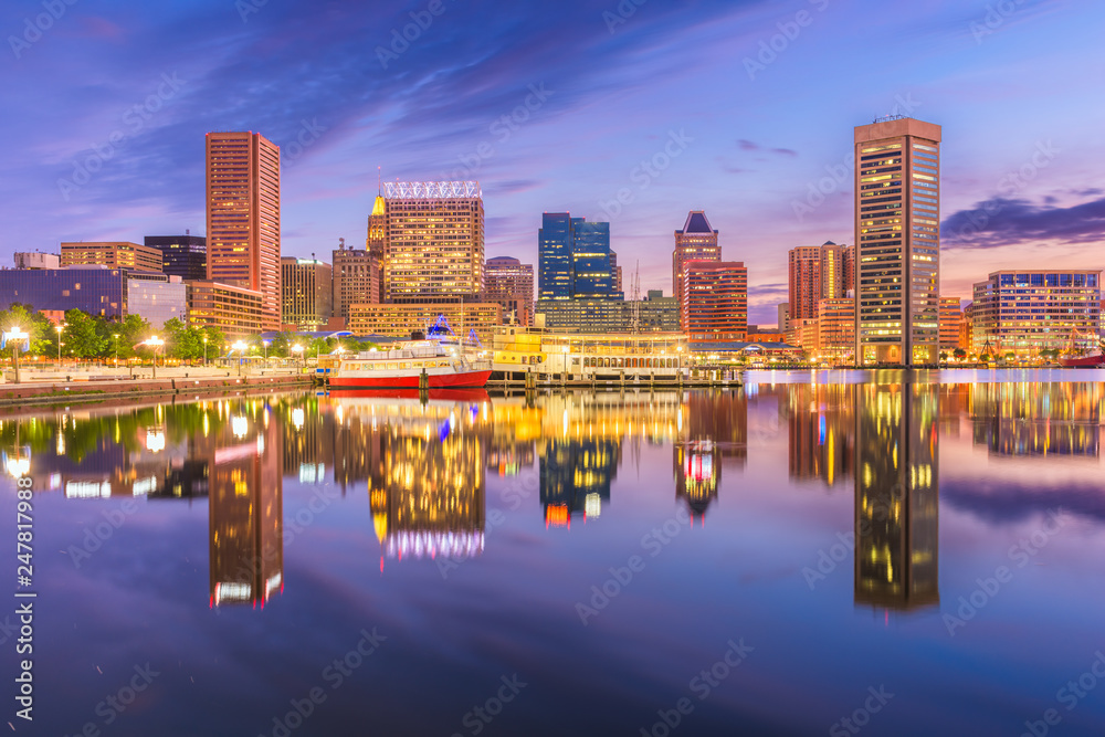 Baltimore, Maryland, USA Skyline on the Inner Harbor at dusk.