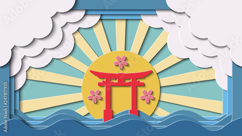 Paper cut Japanese Gate Landmark Vector background. Realistic 3D multi layers paper cut style effect