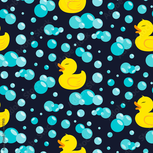Rubber duck in soap bubbles. Seamless pattern.