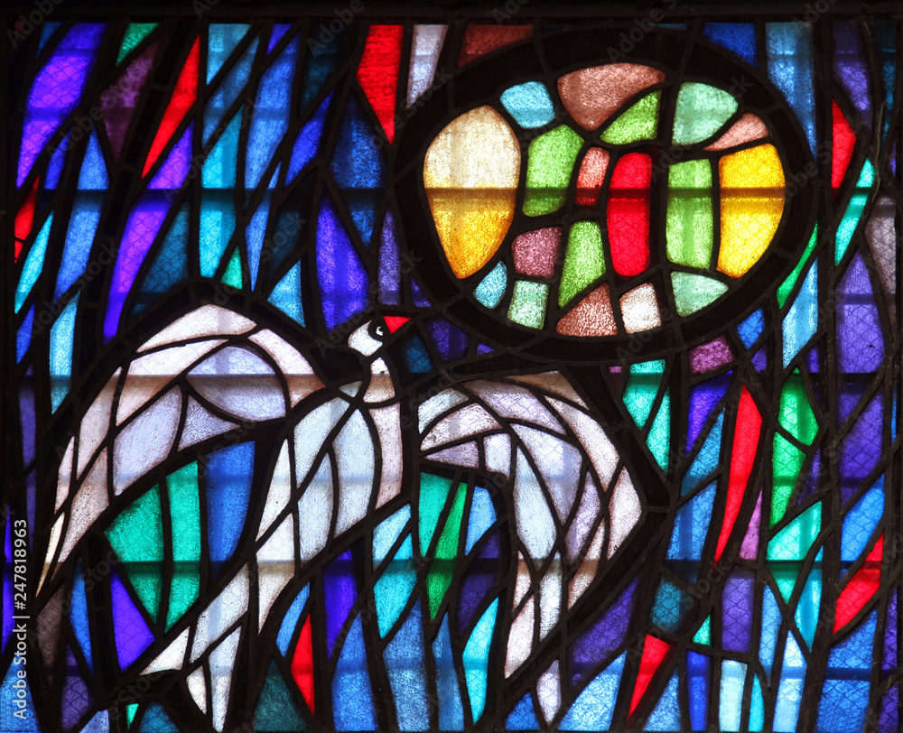 Holy Spirit Bird, stained glass, Cathedral of St Tryphon is an Roman Catholic cathedral in Kotor, Montenegro