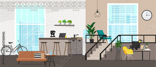 Modern interior design office. Workspace with large windows with an industrial view. Vector flat illustration.