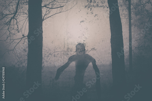 Scary creature staring and lurking from dark woods, suitable for Halloween theme