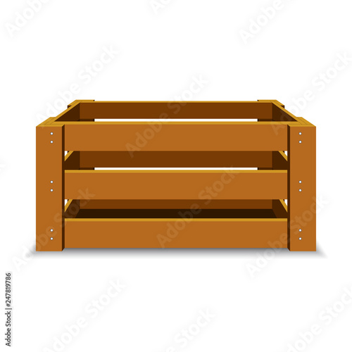 Empty wooden crate for fruits and vegetables. Detailed vector illustration, Isolated. Box for transportation and storage of products.