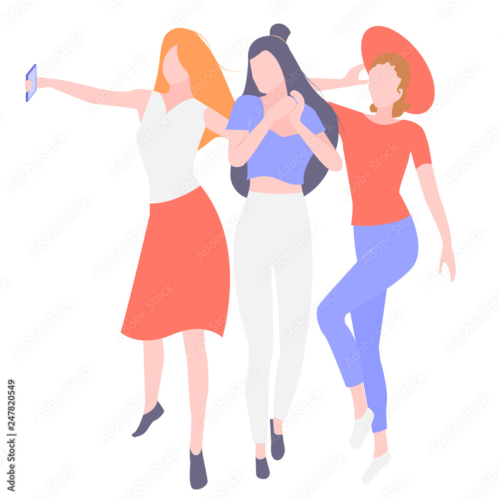 Three young girls girlfriend. Take a selfie from phone. Spend time together. Illustration isolated on white background. Three young girls girlfriend. Take a selfie from phone. Spend time together. Illustration isolated on white background.