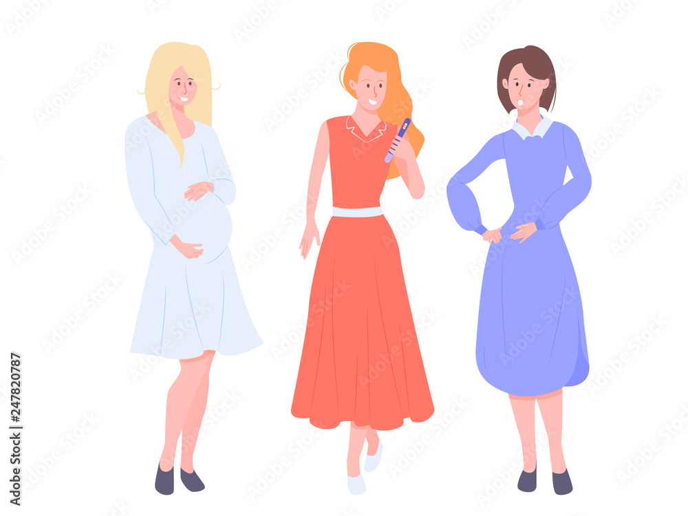 Group of girls friends. Three ladies. Pregnant, with a baby and preparing to become a mother. Positive pregnancy test. Community moms, mutual aid and support. Characters on a gentle blue background.