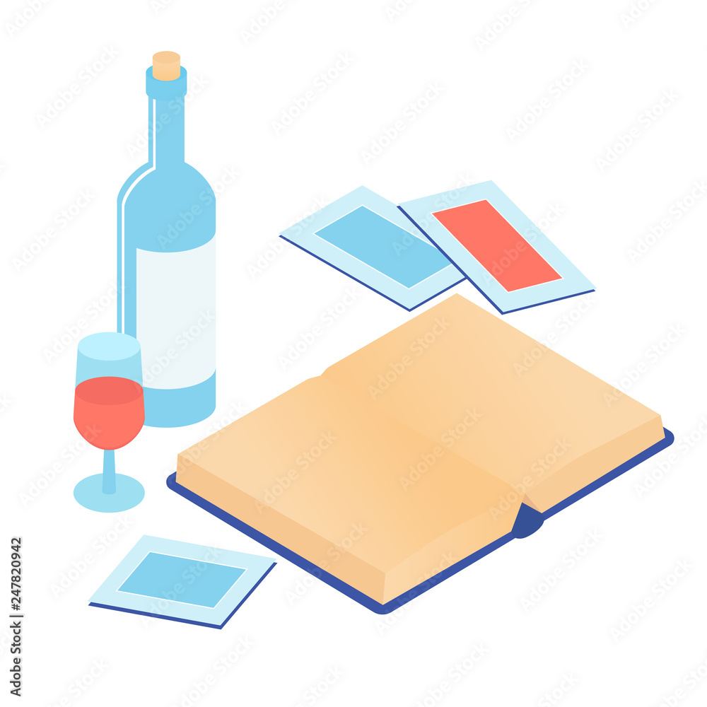 Set of objects: a bottle of wine, a glass, a book and photos. Minimalistic isometric illustration.