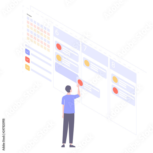 Man uses an online planner on a web page. Sets tasks for the week, writes business processes, organizes work. Isometric planner. Hero image illustration.