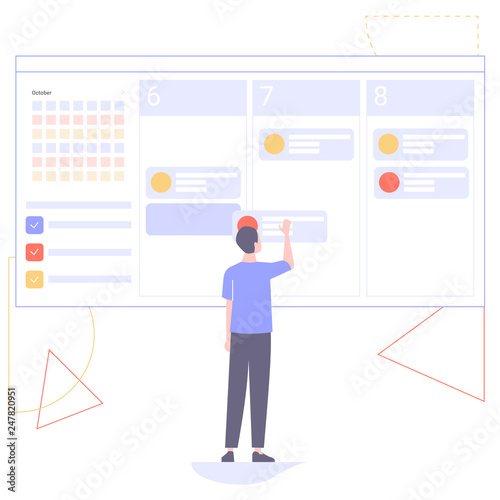 Man uses an online planner on a web page. Sets tasks for the week, writes business processes, organizes work. Hero image illustration.