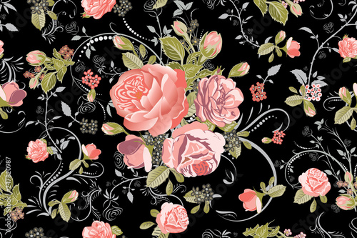 Wallpaper Mural Living Coral Rose Bouquet with Floral Swirls Repeat Seamless Pattern Illustrations Torontodigital.ca