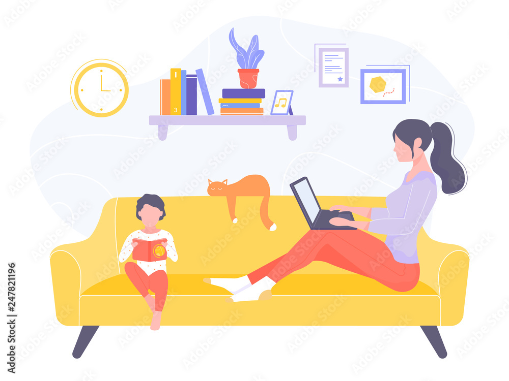 Mom and son in the living room are sitting on the couch. A woman works with a laptop online, the boy reads a book. Freelance, remote work, order fulfillment, making money. Illustration in the interior Mom and son in the living room are sitting on the couch. A woman works with a laptop online, the boy reads a book. Freelance, remote work, order fulfillment, making money. Illustration in the interior