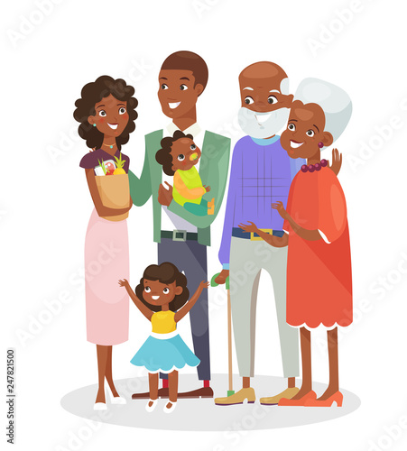 Vector illustration of big happy family portrait. African American grandparents, parents and children together isolated on white background. Smiling and happy cartoon family characters for web banner