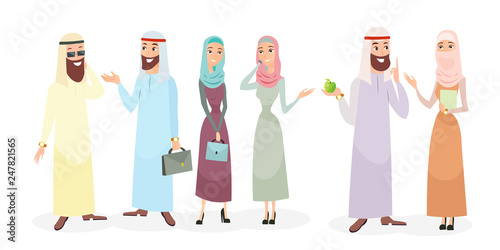 Vector illustration set of arabic business people characters in different poses. Arab businessman and businesswoman wearing traditional clothing and speaking on white background in flat cartoon style.