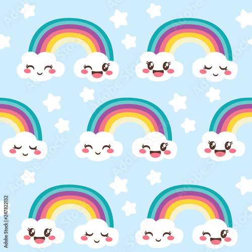 Illustration of colorful rainbow seamless pattern with happy cute clouds and blue background