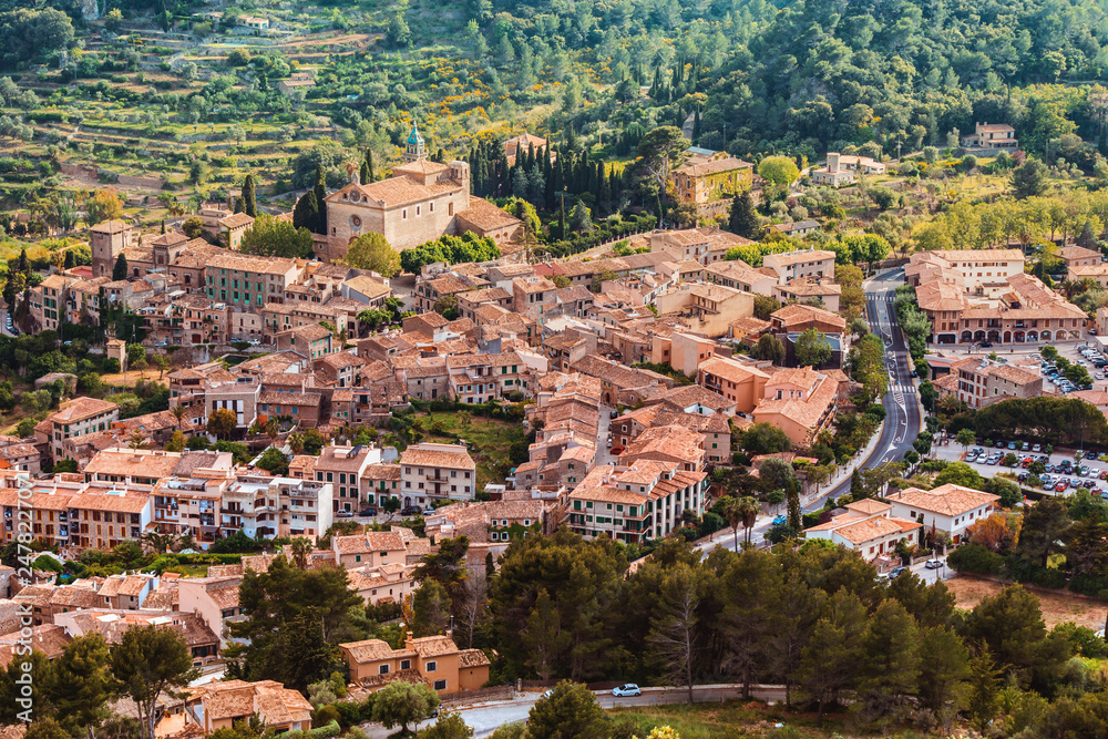 Valldemossa famous Mallorcan village viewed from above. Tourism idyllic destination place in Balearic Islands Spain.