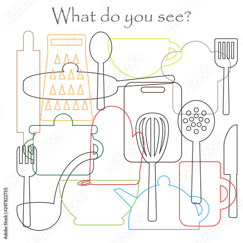 Find hidden objects on the picture, cooking theme, kitchen tools, mishmash contour set, fun education game for kids, preschool activity for children, vector illustration