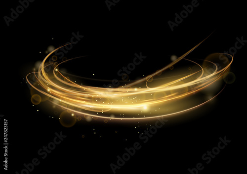 Vector illustration of golden abstract transparent light effect isolated on black background, round sparcles and light lines in golden color. Abstract background for science, futuristic, energy photo