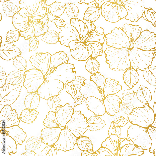 Seamless pattern hibiscus flower gold on white