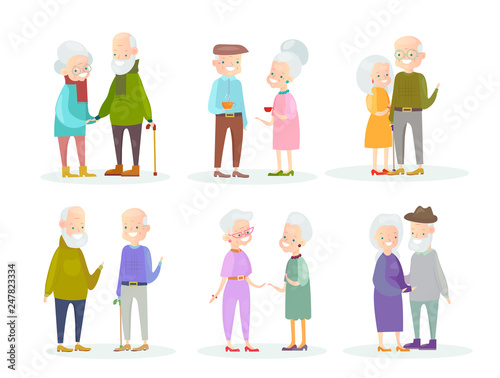 Vector illustration set of cute and nice old people couples in different situations and poses on white background. Old man and woman speaking and walking, smiling and standing together, old friends