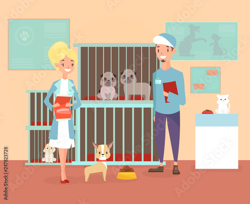 Vector illustration of animal shelter with volunteers characters with dogs and cat. Shelter, adopt pets concept. Happy pets in shelter with veterinars in cartoon flat style.