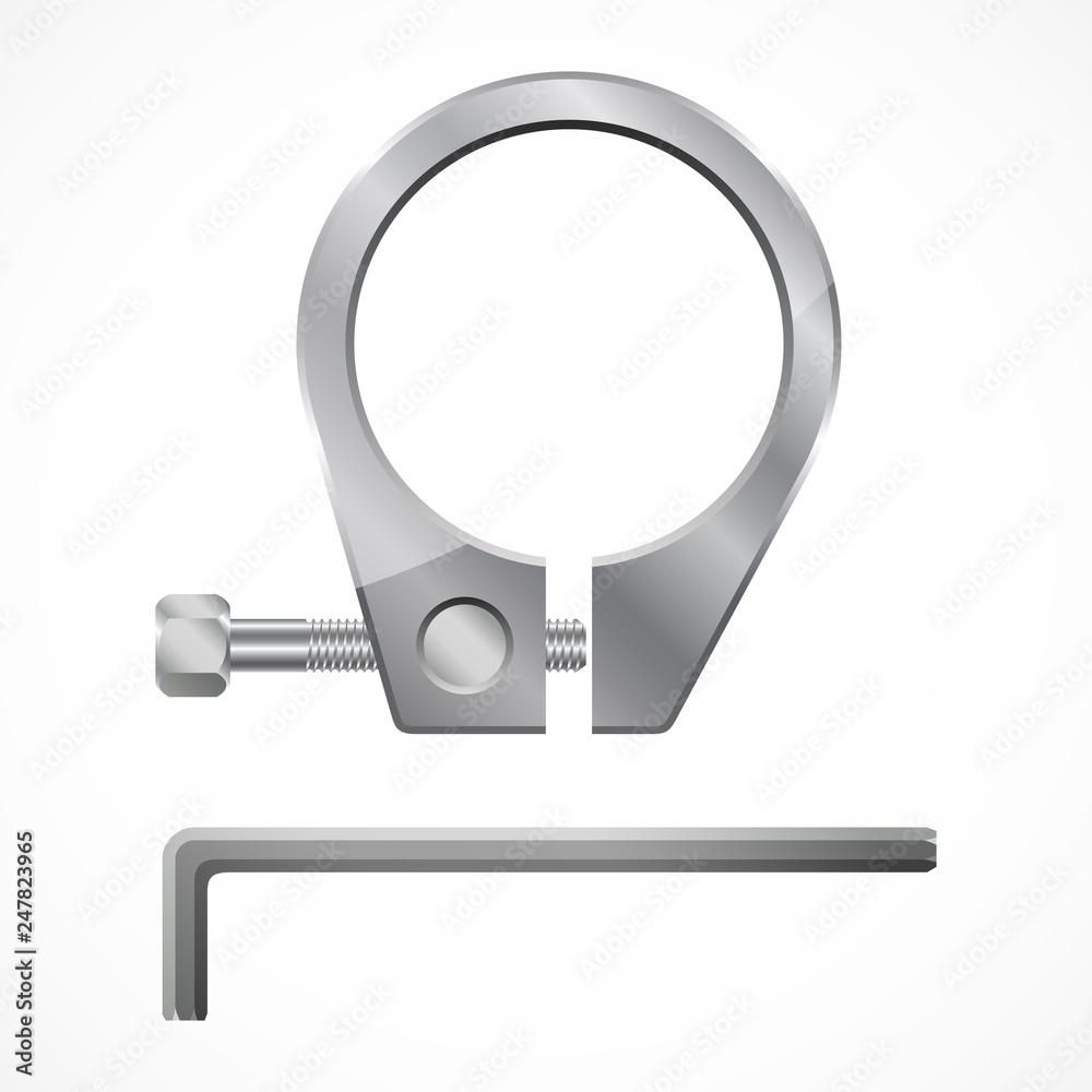 Pipe clamp. Realistic steel hose clamp and allen key. Vector illustration.