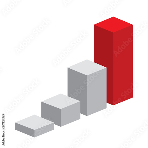 Red white isometric graphic statistical bar icon, 3 columns step, inforchart infographic box display, interface isometric cube concept vector for ui ux app web banner isolated on white background