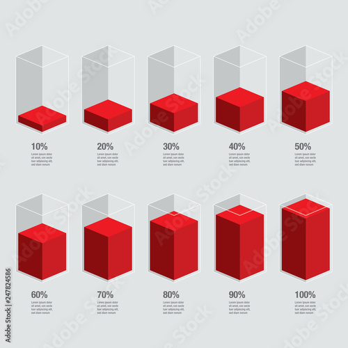 Red  slim isometric chart bars, liquid histogram glass template, 10% -  100%. Flat design infocharts / infographics with text, app ui ux web banner button,  vector eps 10 isolated on white background