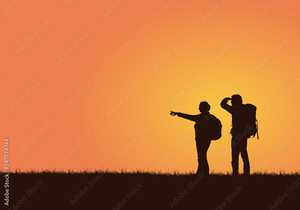 Realistic illustration of a silhouette of a pair of tourists with backpacks, men and women on a walk. A woman shows her hand, a man looks. Isolated on an orange background, vector