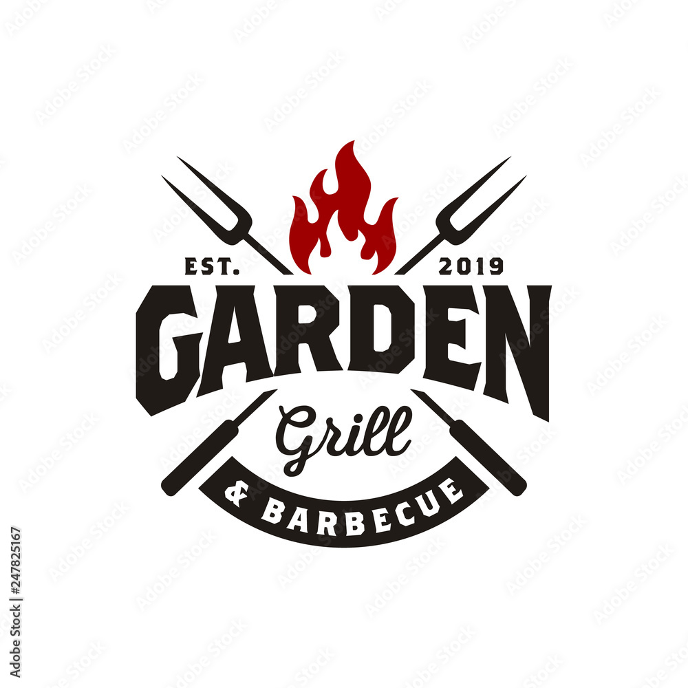 Vintage Grill Barbeque barbecue bbq with crossed fork and fire flame ...